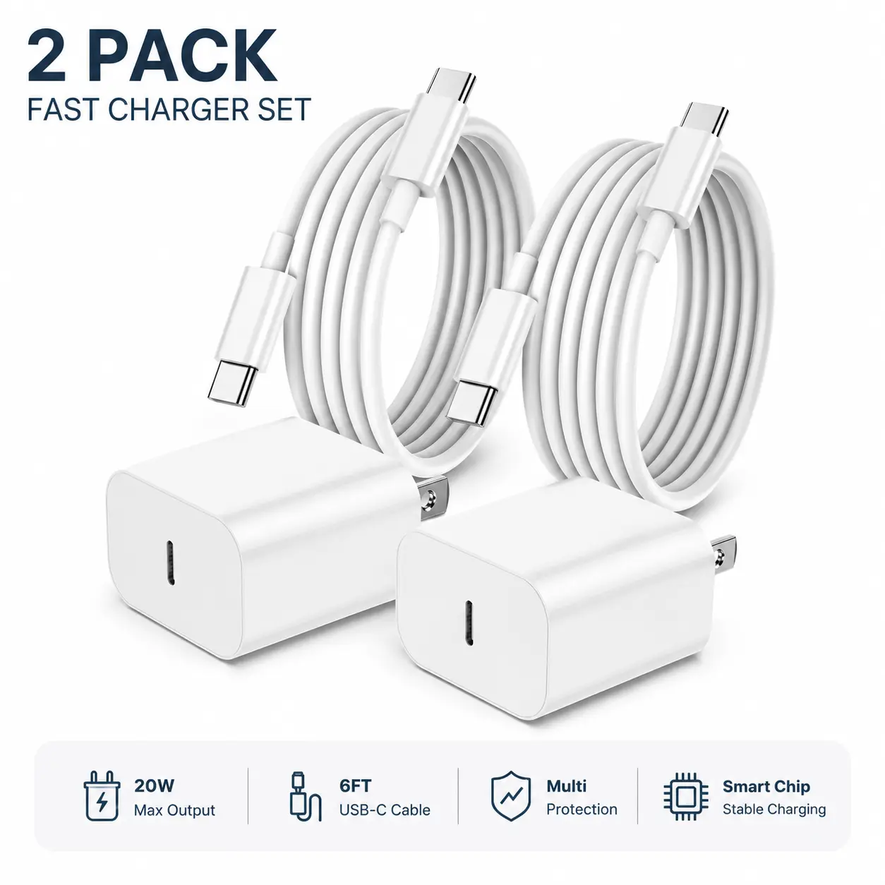 2-Pack 20W Super Fast Charging USB-C Wall Charger Block with 2-Pack 6FT USB-C to USB-C Cables for iPhone 17/17 Air/17 Pro/17 Pro Max /iPhone 16/16 Plus/16 Pro/16 Pro Max/iPhone 15/15 ProMax/Samsung，and so on Quick Connect Adapters Multi Ports