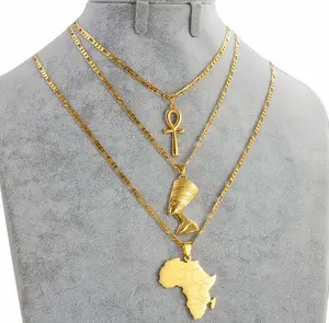 3 Pieces Ankh Nefertiti & Africa Map Pendant Necklaces