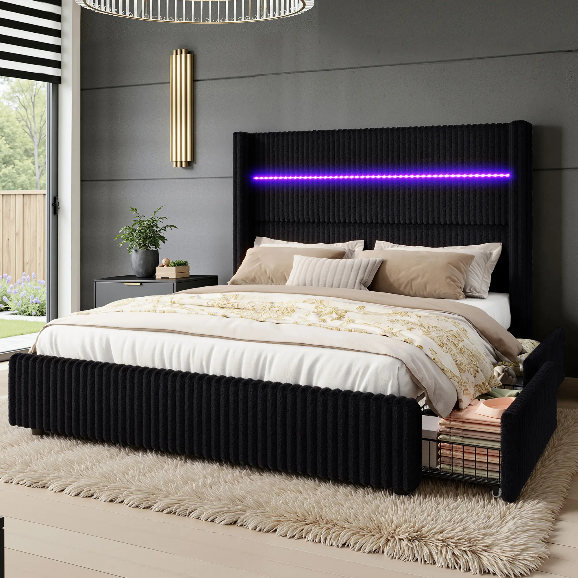 [SummerWins] [SummerFinds] ALBOTT 51.2" Tall Bed Frame with  4 Storage Drawers, LED Light and Charging Station, Corduroy Upholstered Platform Bed with Wingback Headboard,No Box Spring Needed, Easy Assembly