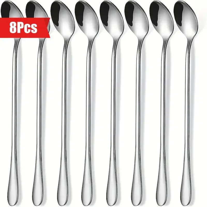 Stainless Steel Long Handle Spoon Set, 8 Counts Durable Dishwasher Safe Spoon, Kitchen Tableware for Home, Party, Coffee Shop and Restaurant