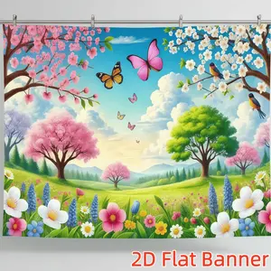 1PC,2D Flat Customize Backdrop Spring Dream Garden Decorative Backdrop, Cherry Blossom Tree Butterfly Flower Grassland Scenic Cloth, Festival Party Photo Background, Home Bedroom Living Room Wall Deco