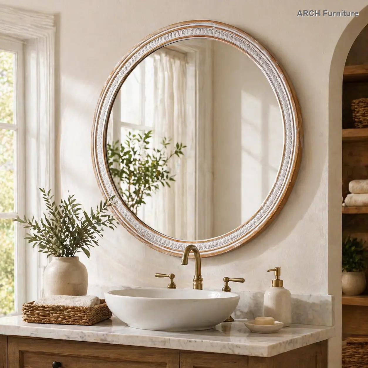 30" Round Solid Wood Farmhouse Wall Mirror - Rustic Boho Decoration, Durable Lightweight Hanging Mount, Easy Installation for Bathroom Vanity, Living Room Room Decor