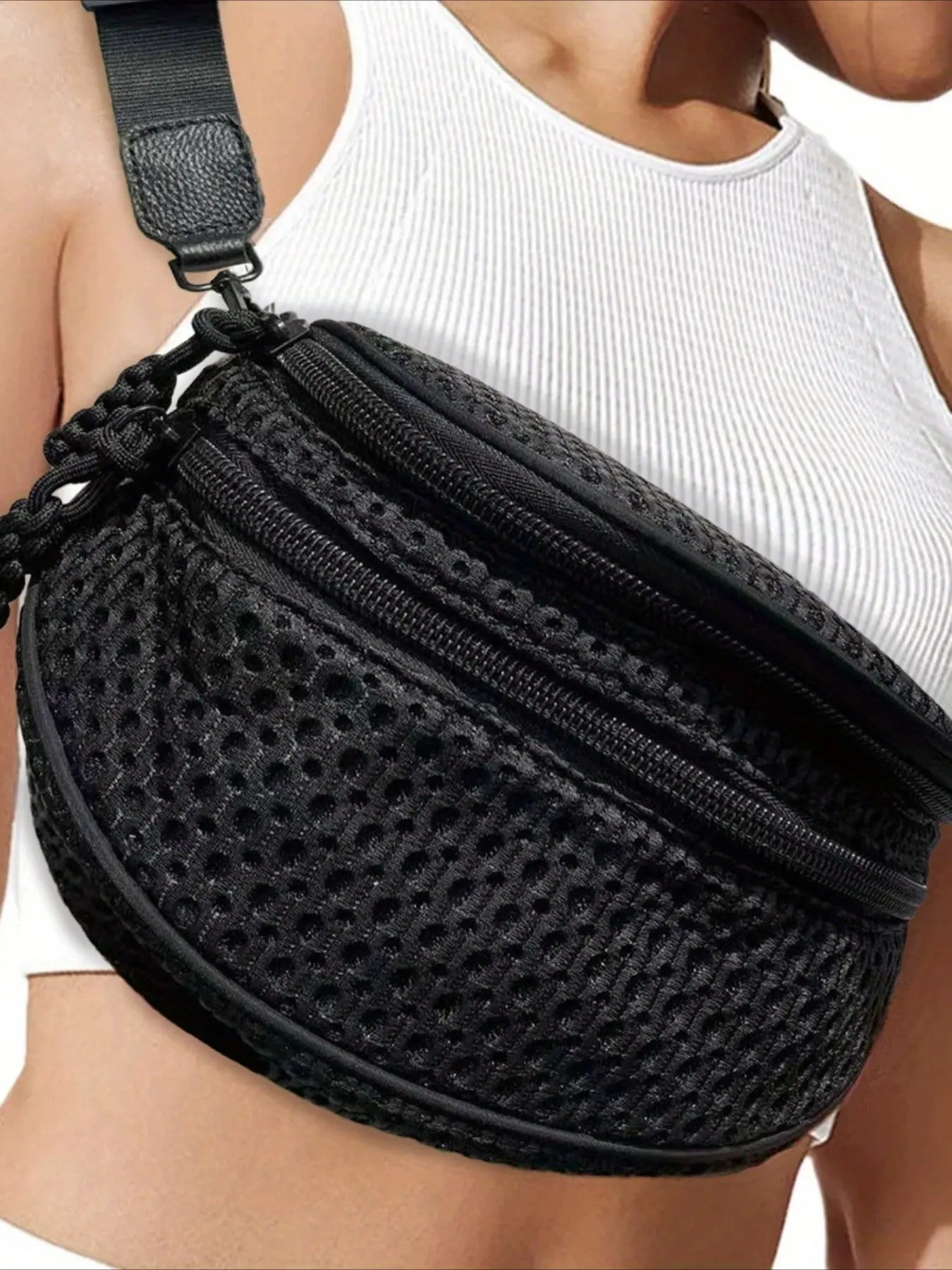 Ladies' fashionable mesh nylon chest bag with multiple pockets, lightweight, compact and simple crossbody bag, suitable for daily use and sports running, Accessories