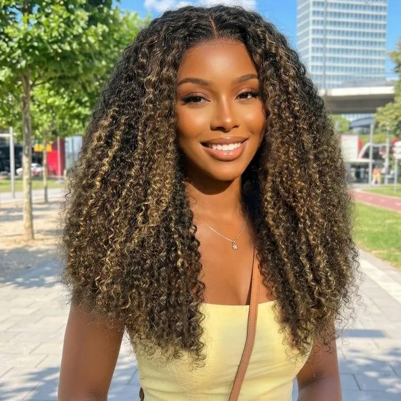 【LIVE SALE】Sunber Kinky Curly Human Hair Lace Front Wig, Brown With Blonde Highlights, 7x5 Lace, Glueless With Drawstring, Natural Hairline, Kinky Curly Wig,sohochic