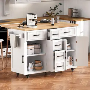 [SOIYELIFE] K&K 56.5'' Kitchen Island with Drop af, Power Outt, Embossed Vertical Stripe Rolling Kitchen Cart on Wheels with 4 Doors , 5 Deep Drawers and Adjustab Shelves, for Kitchen, Dining Room, White