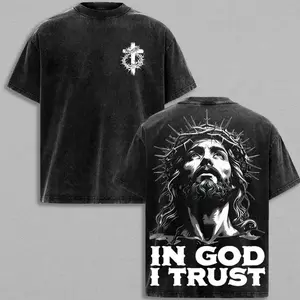 valentine shirts "IN GOD I TRUST" Jesus Crown of Thorns God Apparel Tee Washed, Easter T-Shirt, Jesus T-Shirt, Easter Streetwear, Christian Apparel Graphic Tees, Gym Pump Cover ,  Church Outfit Round Neck Distressed VWR