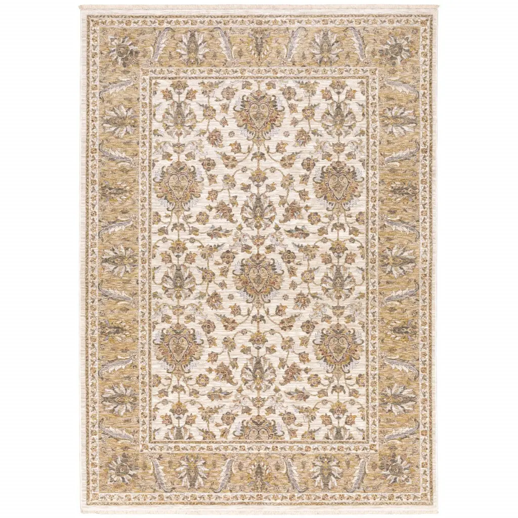 212 MAIN Traditional Oriental Polyester Area Rug, Indoor Carpet in Ivory & Gold with Fringe Tassels, Fade & Stain Resistant, Oriental Motif, Classic Shape