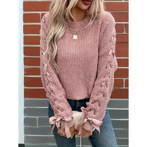 Women'S Soft Pink Oversized Bow Sweater - Cozy Loose-Fit Long Sleeve Round Neck Winter Sweater with Medium Stretch, Layering Essential for Casual & Semi-Formal Outfits, Warm Winter Sweater for Women, Soft Pink Sweater for Fall and Winter Layering, Hand W