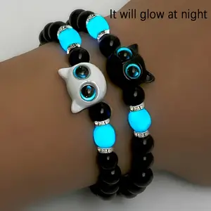 2Pcs Whimsy Cat Glow-in-the-Dark Cartoon Cat Beaded Stretch Bracelet Set, Resin Rhinestone Mosaic, Glitter Style, Daily & Party Wear, Unisex Jewelry Bracelet Set Gift