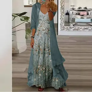 Womens's Casual 2 Piece Set Boho Floral Print Maxi Dress with Cardigan Flowy Chiffon Wedding Guest Dresses for Women Summer Peplum