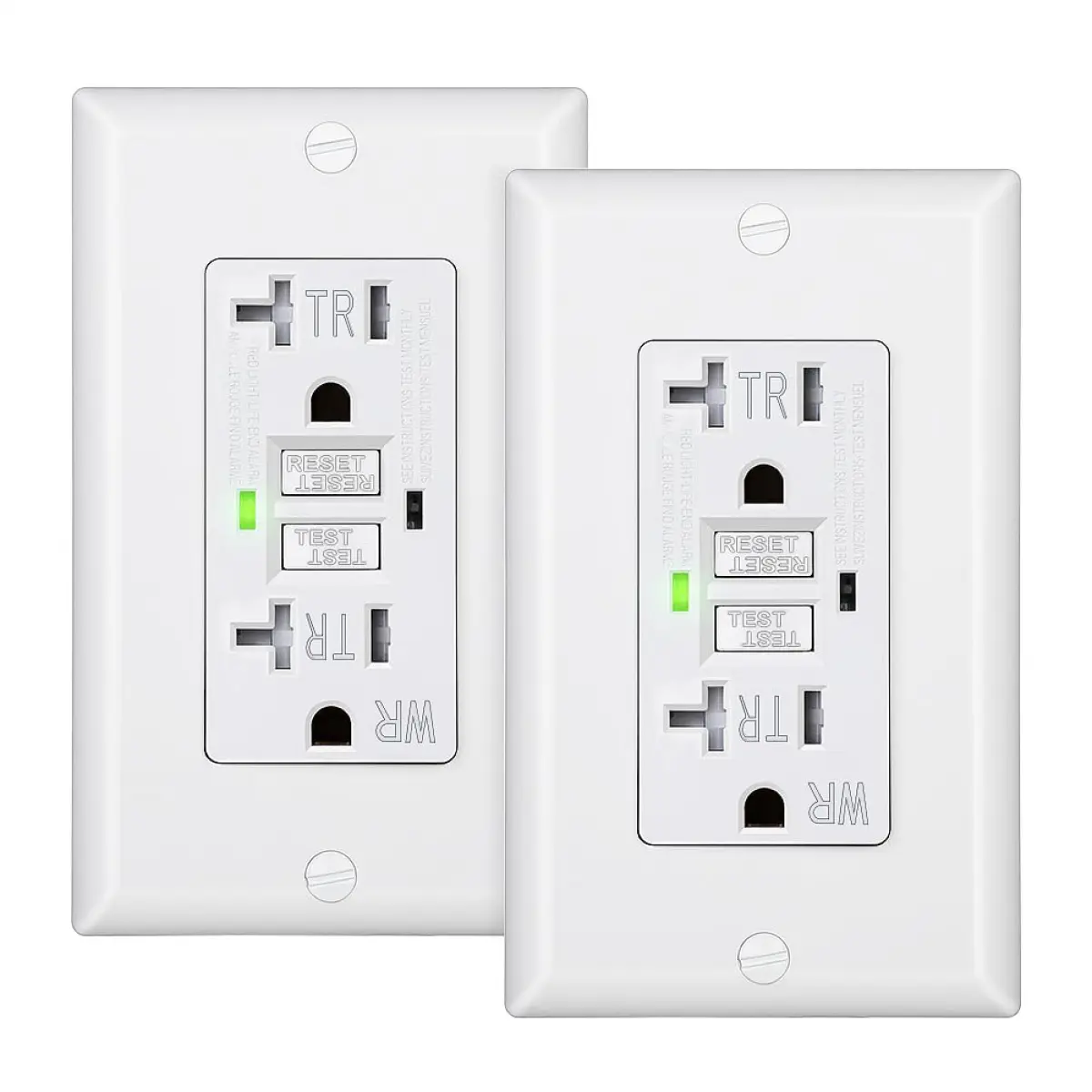 2-Pack 20A 125V GFCI Duplex Outlet Receptacles, Outdoor Weather-Resistant (WR), Tamper-Proof (TR), UL Listed, Self-Test Function, LED Indicator, Included 2 x Thinner Wall Plates, White, 125 Volt
