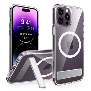 Magnetic Clear Phone Case with Kickstand Phone Holder and Lens Protector Transparent Shockproof Phone Case for iPhone 15 14 13