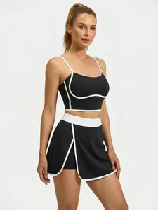 Xelle Women's Workout Set Contrast Piping Sports Bra and Skort Skirt High Waisted Tennis Golf Outfit Yoga Gym Suits