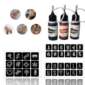 Temporary Tattoo Kit 3 Bottles ColorInks ,Stencils Kit for BodyPaint DlY Fake Tattoos for (black/red/ brown/)Makeup Cosmetic