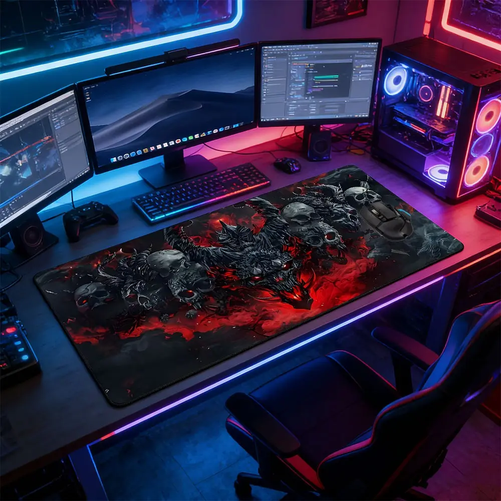 Red Black Skull Demon Large Gaming Mouse Pad, Computer Mouse Pad, Mouse Pads for Desk, Non-Slip Rubber Base Stitched Lock Edge Desk Mat, Gothic Dark Fantasy Design, for Home & Gaming Setup, Gift for Gamer & Gothic Metal Fans