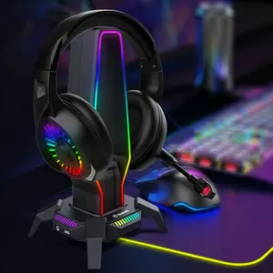 Marvo RGB Gaming Headset Stand with Charging Dock, 3 USB 2.0 Ports, Type-C Port, 3.5mm Audio Jack, 10 RGB Lights, Gamer Desktop Organizer - Gaming Accessories, Ideal Gift for Gamers