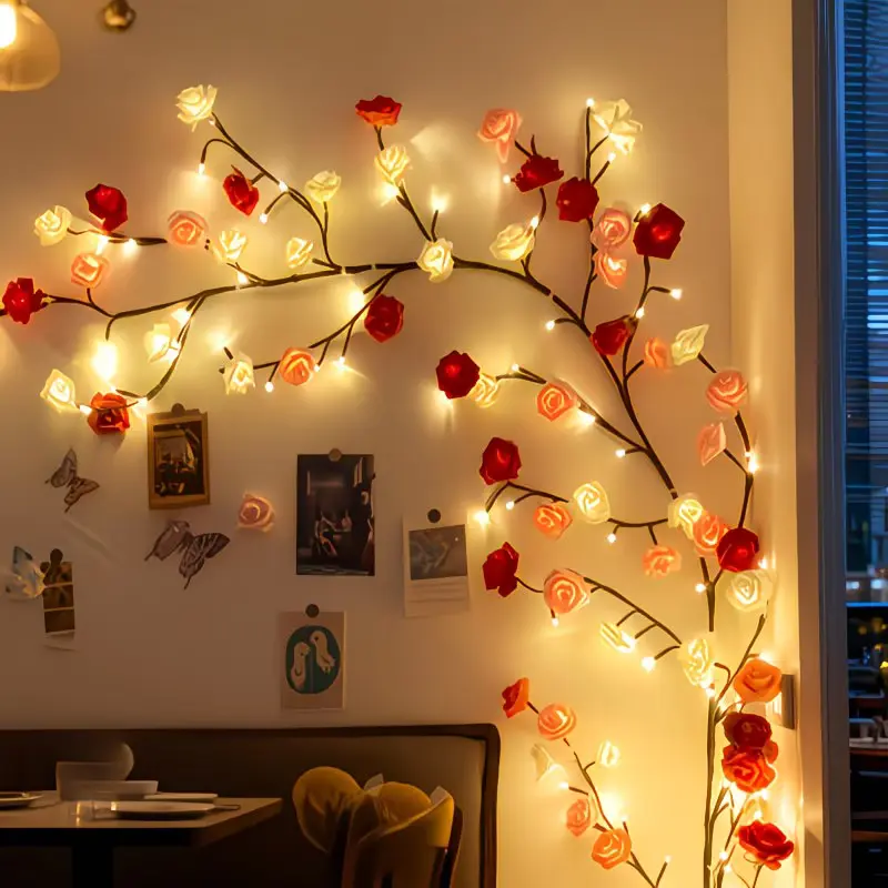96-LED Flexible Plastic Irregular Rose Lamp String Lights, 48-Red Rose Climbing Vine Wall Decor with Clips for Romantic Room Ambiance, Festive Gifting (Christmas, Valentine's Day)