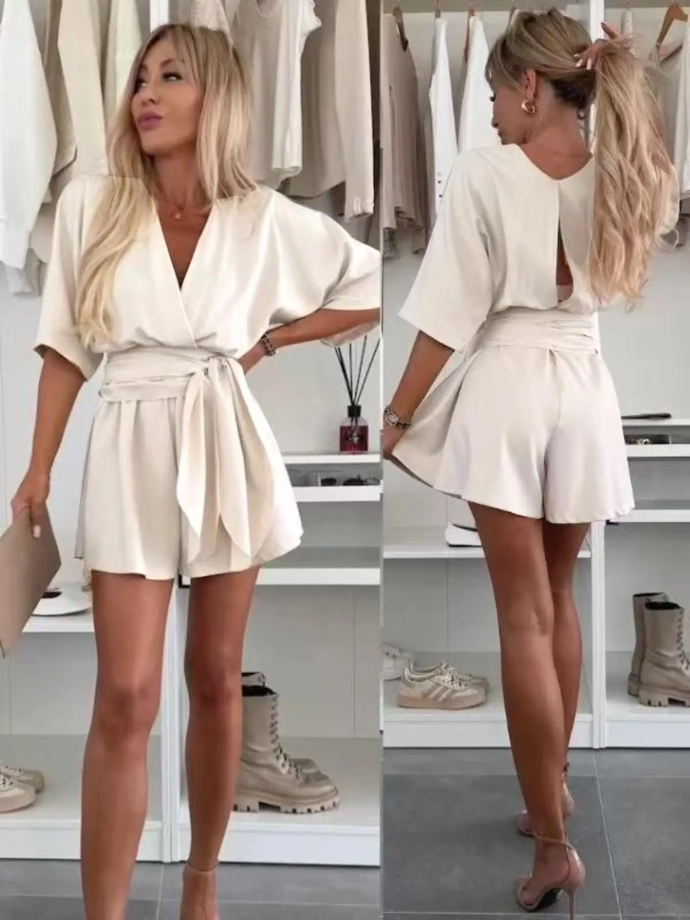 Deep V Neck Kimono Sleeve Jumpsuit Shorts Romper, Elastic Waist Cotton Flowy Drape Breathable Soft Casual One-Piece Pants, Loose Fit High Waist Short Sleeves, Everyday