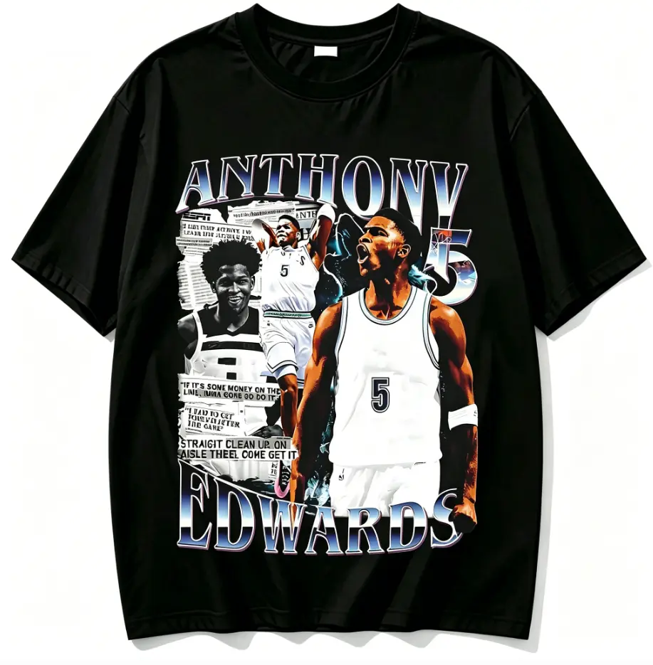 Vintage Anthony Edwards NBA Player Graphic Tee, Women's Casual 100% Cotton Shortsleeve Streetwear Top