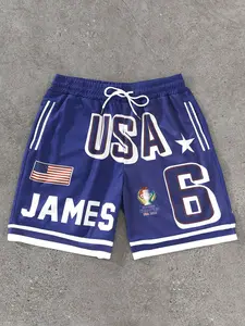 1-Piece Men's USA No.6 James Print Basketball Shorts, Blue Drawstring Elastic Waist Breathable Athletic Sports Shorts for Basketball Training Daily Casual Wear Lightweight Fitness Workout Shorts