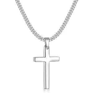 Cross Necklace for Men, Silver Tone/Black/Gold Plated Mens Cross Necklaces with 3.5mm Chain and Stainless Pendant, Cuban Chain 16-24 Inches