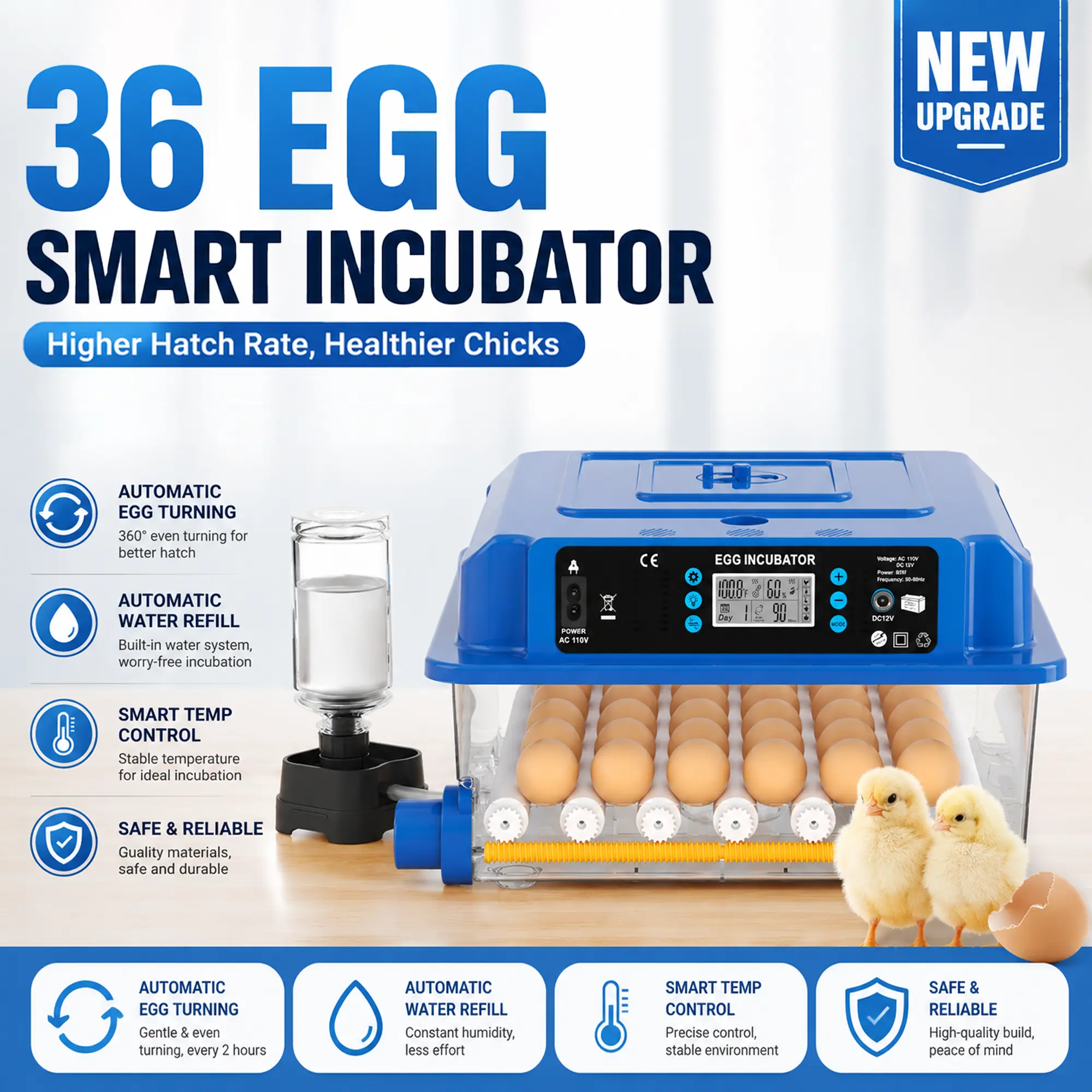 【DealsForYouDays】Smart Automatic Egg Incubator (16 or 36 Eggs Capacity) - Fully Auto Turner, Moisture & Temperature Control Hatcher Machine with High Hatch Rate