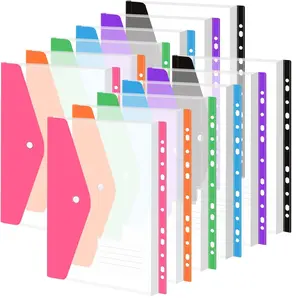 6/12 Pcs Binder Pockets for 2/3/4 Ring Binder, Binder Folders with Snap Button and Label, 6 Assorted Colors, Expandable Plastic Envelopes Binder Organizer Folders with 11 Holes for School Office Home