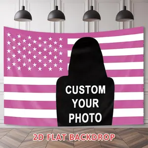 2D Flat Banner, 1 Piece Custom Photo Name Text Background, Pink American Flag Design, Star Pattern, Red, White and Blue Photo Background, Suitable for Wedding, Birthday, Interior Decoration. Durable polyester material for easy installation