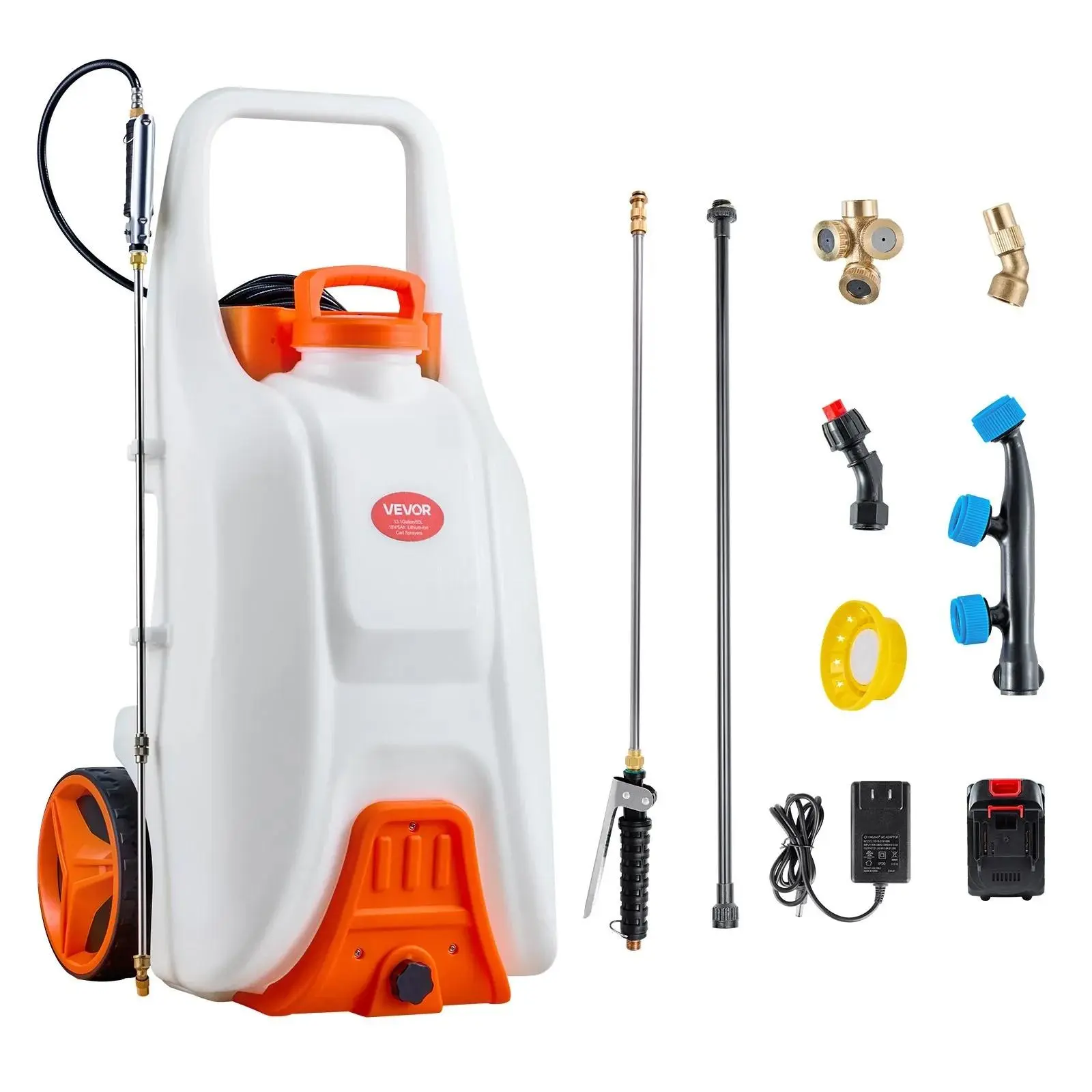 VEVOR Battery-Powered Sprayer with Wheeled Cart, 13.1 Gallons Electric Weed Sprayer, Adjustable 0-80 PSI, Yard Lawn Sprayers with Wheels, 5 Nozzles & 98ft Hose, 3-6H Spray Time, for Weeding, Cleaning