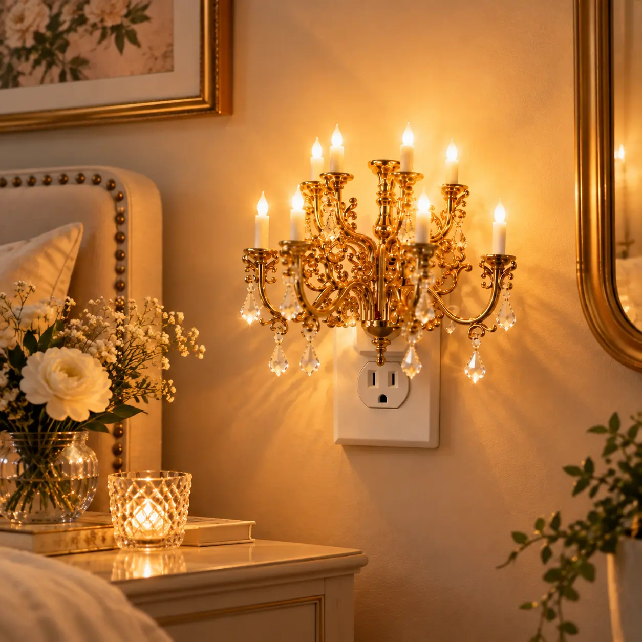 Vintage Crystal Look LED Candle Night Light - Luxury Plug-In Indoor Wall Lamp with Dusk-to-Dawn Auto On/Off Sensor, Adjustable Brightness, Warm Home Decor Lights for Bedroom, Hallway