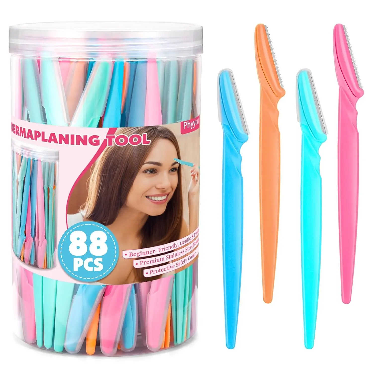 88 Pcs Eyebrow Razors & Face Razors for Women, 4-Color Bulk Dermaplane Razor in Gift-Ready Storage Jar Storage Jar, Color-Coded Precision Face Shaver, Great for Family Sharing & Party Favors