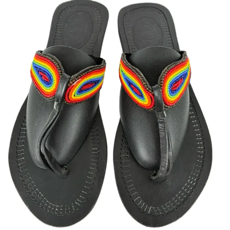 Colorful Beaded Black Flip Flops Sandals with Rainbow Accents and Comfortable Design