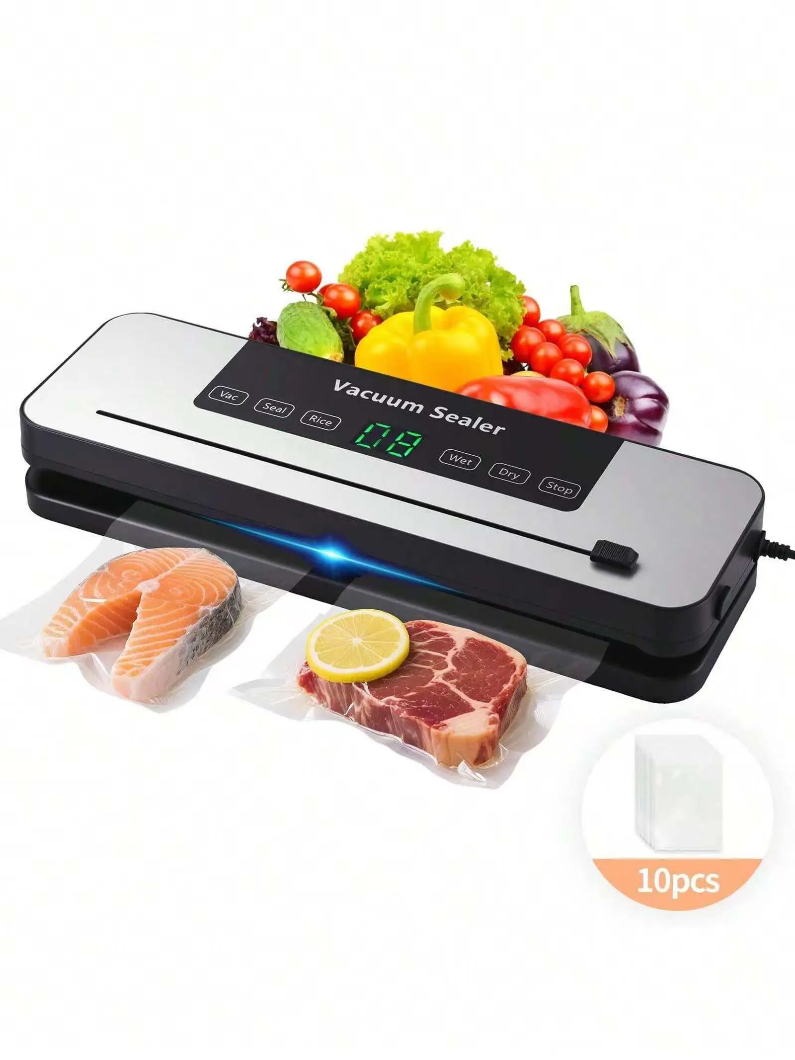 Vacuum sealing machine, equipped with 20 free vacuum sealing bags, featuring a powerful 60Kpa suction force, is a compact solution for preserving food. It is suitable for both dry and moist items and is an ideal choice for kitchen use and holiday gifts.