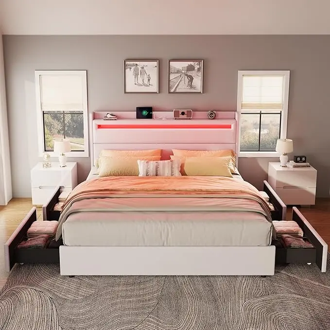 AMERLIFE Upholstered Platform Bed with RGBW LED Storage Headboard, 4 Foldable Storage Drawers & Charging Station, Soft Linen Fabric, No Box Spring Needed