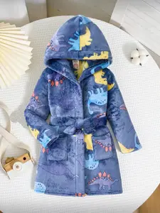 Hooded Robe with Cartoon Pattern, Long Sleeve Belted Bathrobe for Boys 6-8 Years, Soft Flannel Pajamas for Spring & Fall, Cartoon Print Pajama