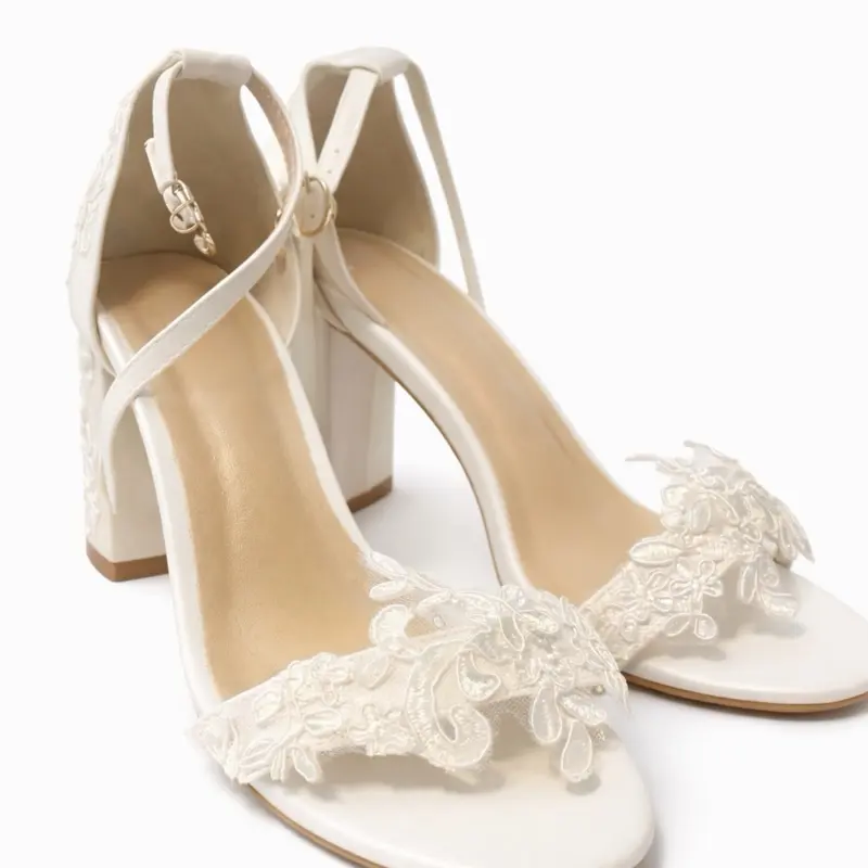 Elegant Lace Bridal Heels – Ivory Block Heel Sandals for Weddings ...