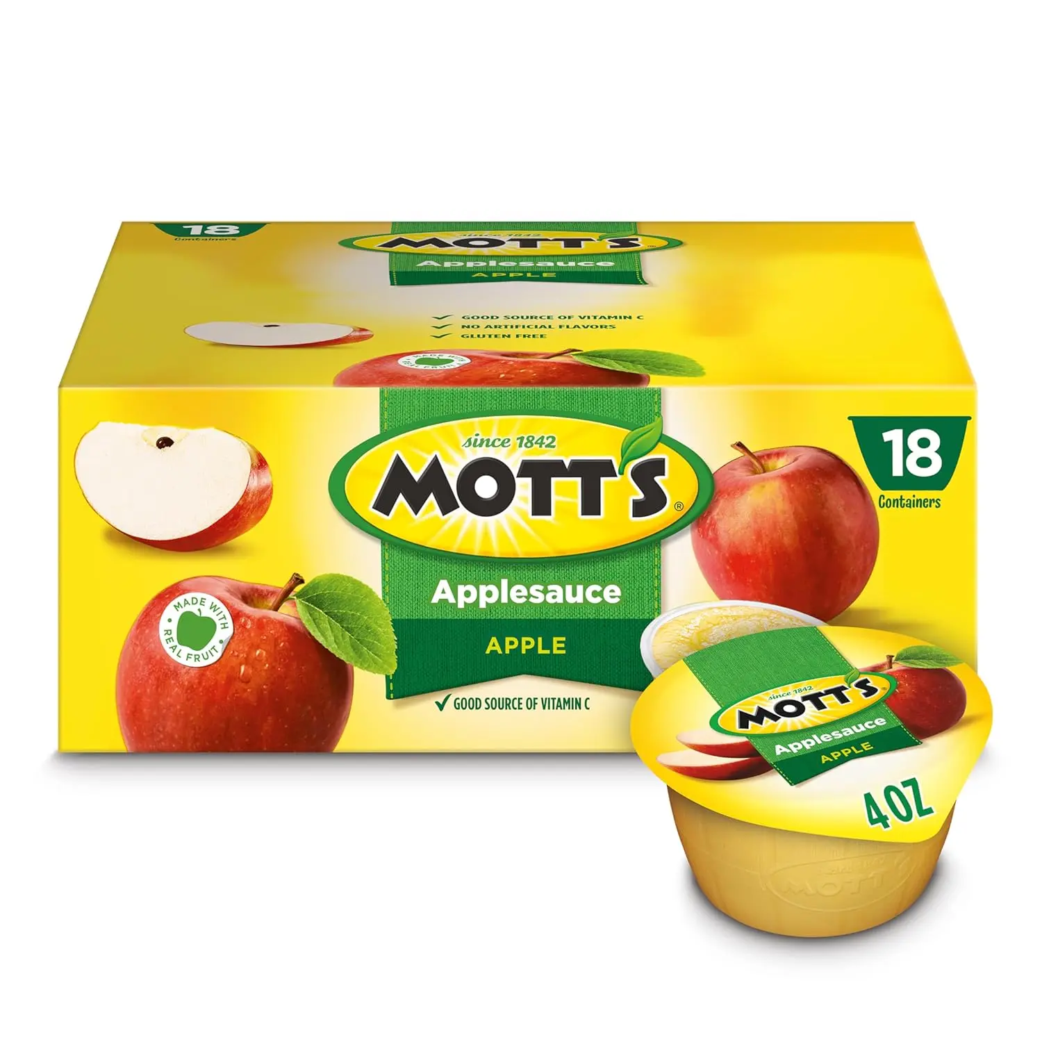 Mott's Fruit Applesauce Cups, 4 Oz, 18-Count, No Artificial Flavors, Good Source Of Vitamin C, Nutritious Option For Families