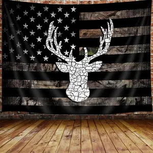 American Flag Hunting Tapestry, Western Black and White Country Deer Tapestry Wall Hanging for Men Bedroom Room, Rustic Camo Tapestries Poster Blanket College Dorm Home Decor 60X40 Inches Design Art