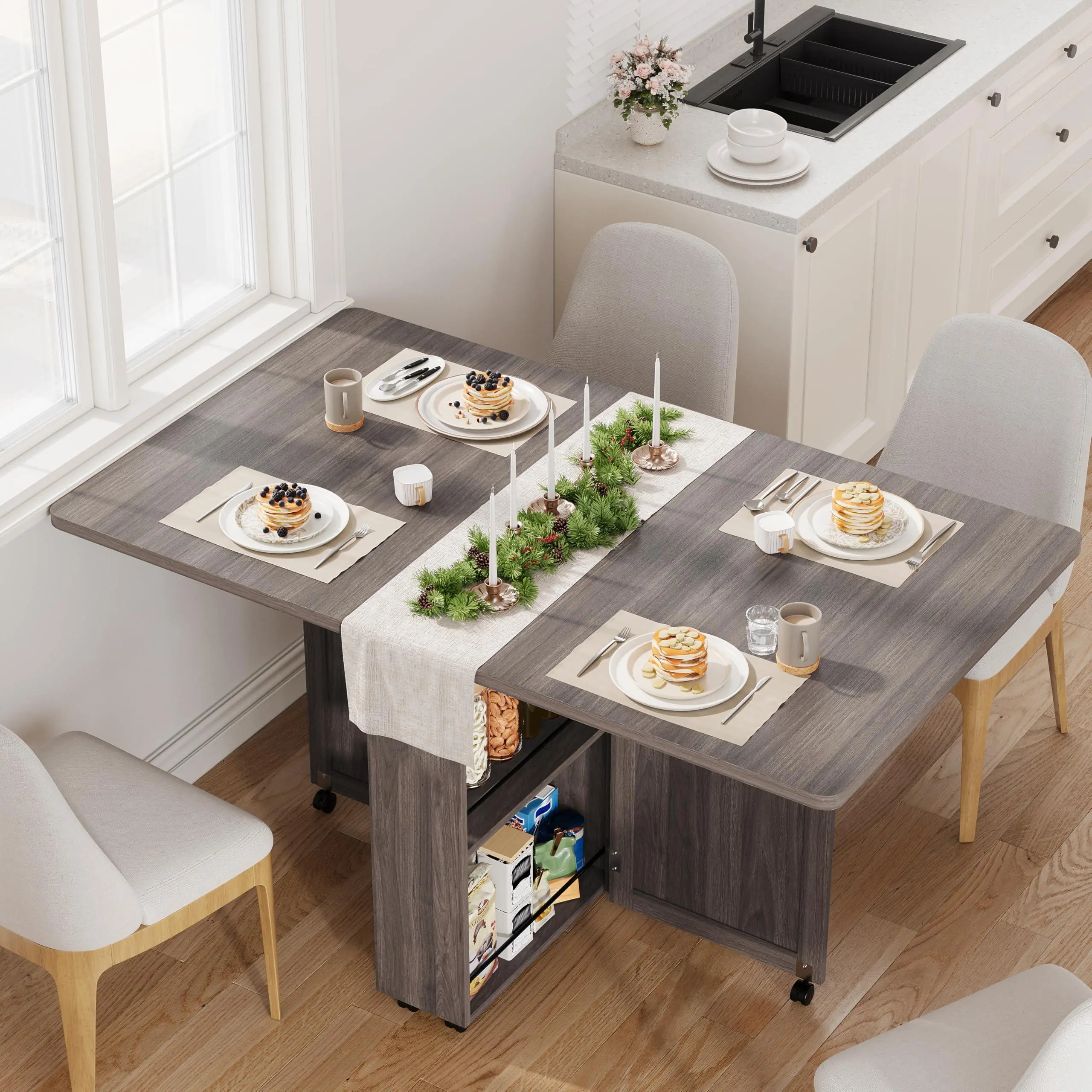 Folding Dining Table with Storage, Folding Kitchen Table with 6 Wheels, Drawer & Shelves, Compact Dining Table for Small Spaces,Gray