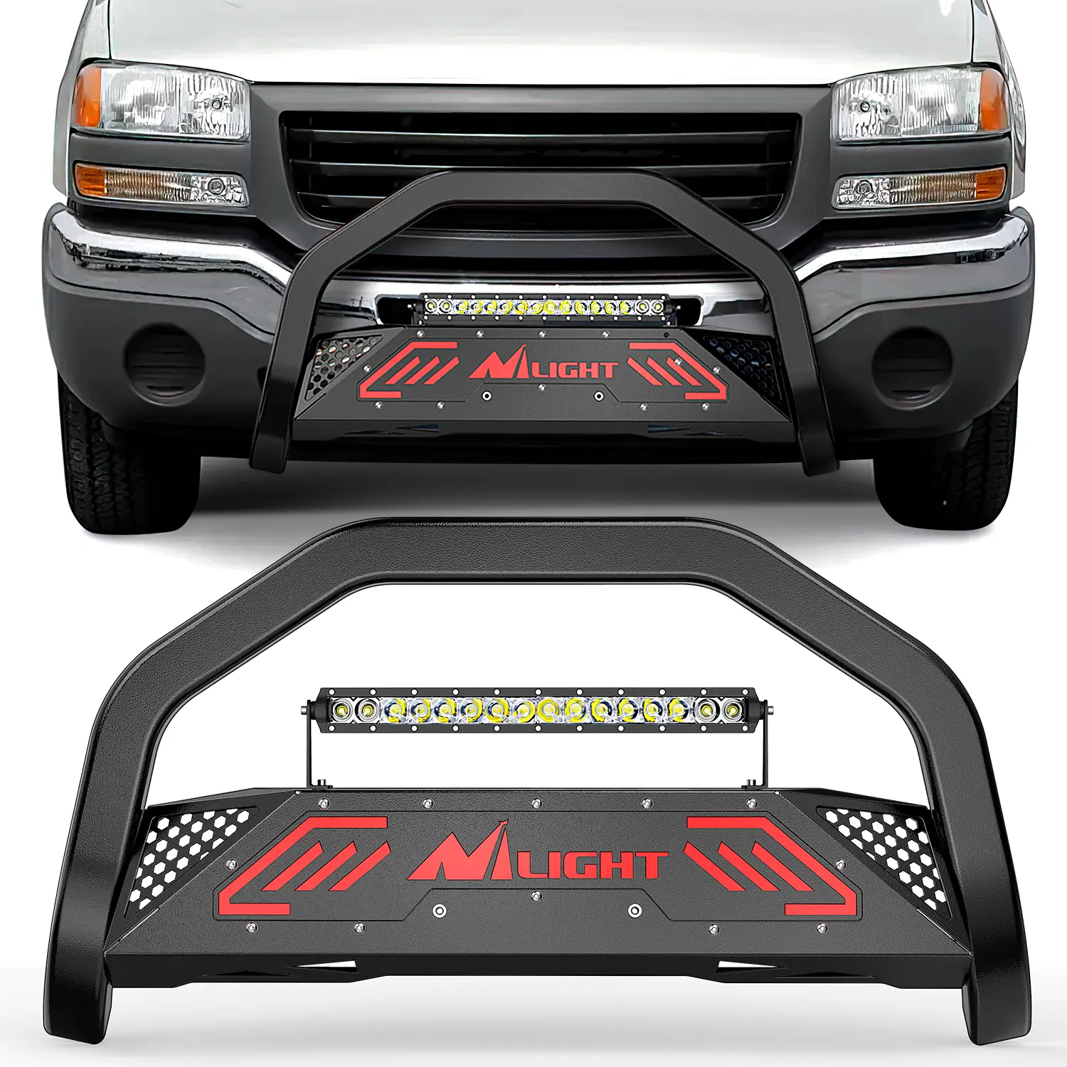 Nilight Bull Bar with Light fits 1999-2006 Chevy Silverado & GMC Sierra (07 Classic)/ 2000-2006 Suburban Tahoe & Yukon & XL / 2002-2006 Avalanche Front Bumper Grille Guard with Skid Plate Licence Hole, 17 In, Pre-Drilled
