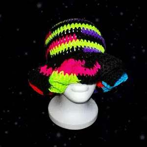 Handmade Neon Crochet Bucket Hat with Extra Wavy Retro Style - For Casual Wear