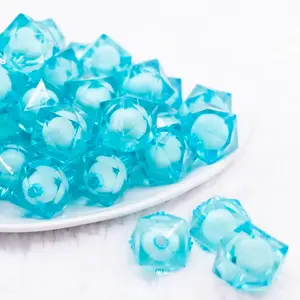 20mm Blue Transparent Cube with Middle Bubblegum Beads