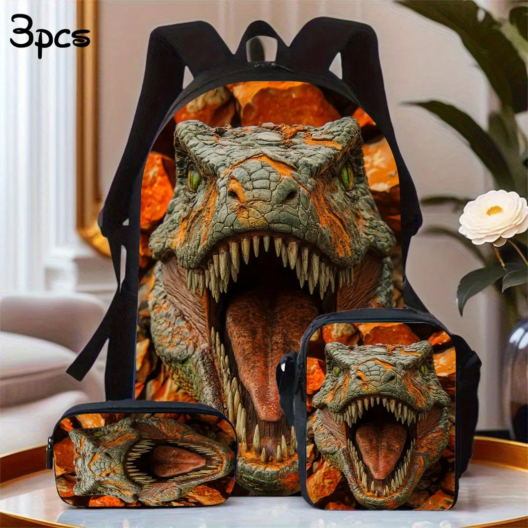 3-in-1 Adjustable Cartoon Animal Print T-Rex Backpack Set (Back to School Haul), 3Pcs Durable 600D Oxford Cloth School Bag with Insulated Lunch Box, Pencil Case, Elastic Band, Top Handle, Breathable Straps, 15in Laptop Capacity for Kids, School Lunches