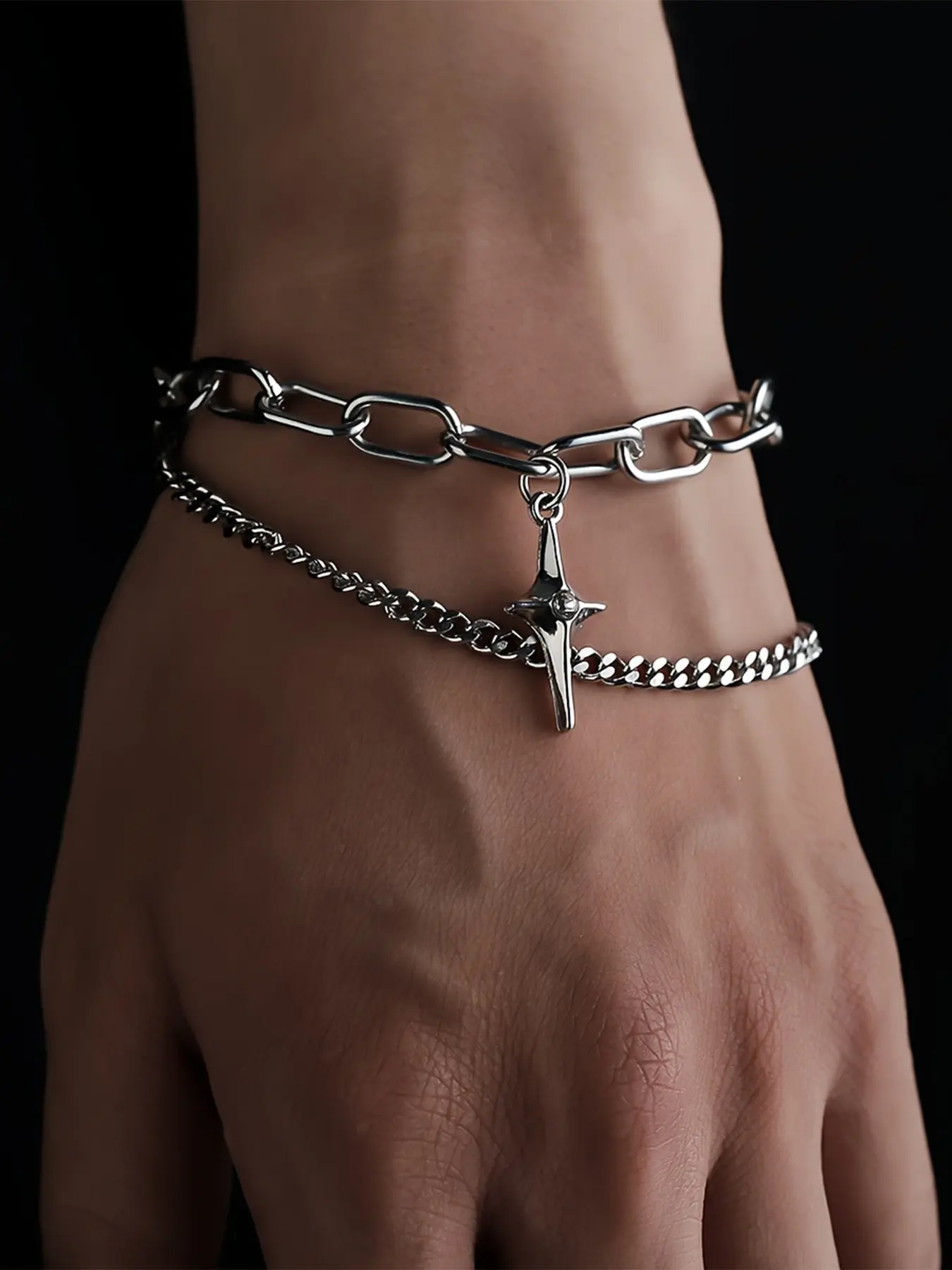 Silver Color Starburst Stainless Steel Chain Men's Bracelet, Anti-Fade Fashion Dual Chain, Unisex Casual Jewelry Gift, Stackable Bracelets, Durable Bracelet, Bracelet Combination Set