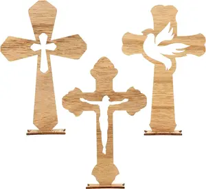 24 count Wooden Cross Catholic  Crosses for Crafts,Small Baptism Centerpieces for Tables Decor,Rustic Standing Cross for First Communion,3 Styles,6.7 x 4.3 Inches ()