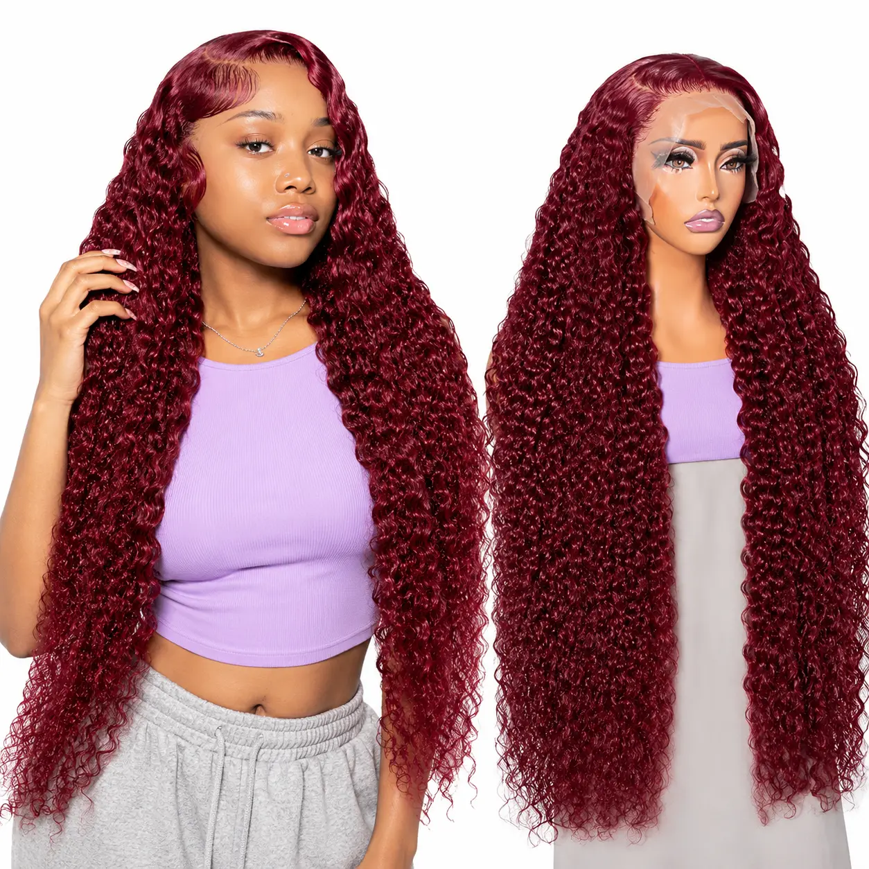 STLDORY 22 Inch 99J Burgundy Deep Wave Lace Front Wig Human Hair 180% Density HD Lace Front Wig Pre-Plucked Hairline Baby Hair Natural Wine Red Curly Wig for Women