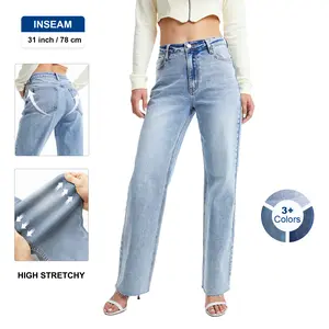 Women's High Rise Wide Leg Jeans High Stretchy BBL Casual Denim Pants Bottom All Season Trouser Streetwear Basic Button Cotton Womenswear Basic Minimalist Fabric Pockets Soft Daily Wear