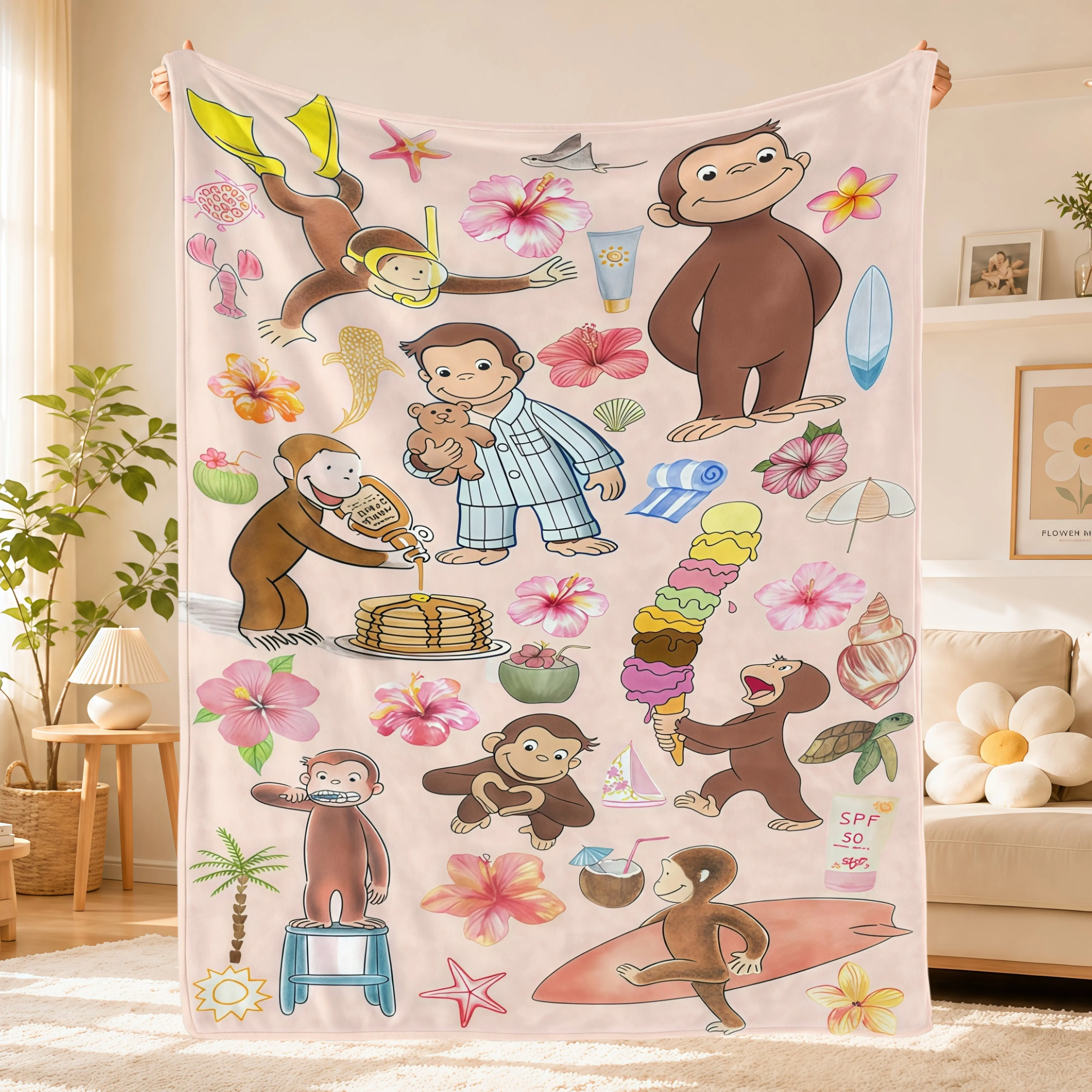 Cartoon Curious George Blanket,Cute Pink Tropical Beach Monkey Soft Lightweight Flannel Throw Blanket for Kids Toddler Bed Couch Sofa,Birthday Gift for Boys Girls