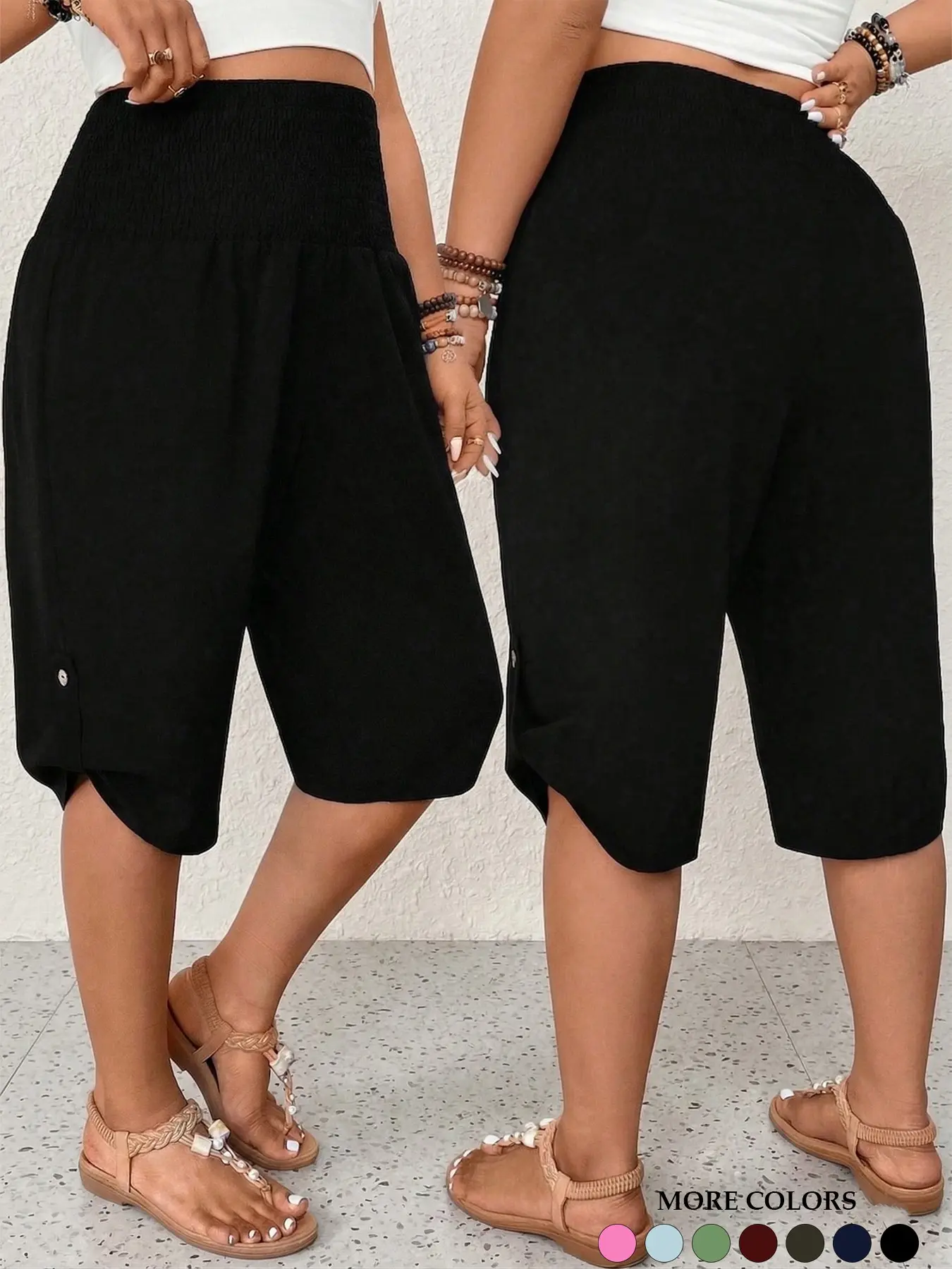 Women's Plus Size Bermuda Shorts Smocked High Waist Tulip Hem Button Detail Slim Fit Versatile Everyday Casual Summer Lounge Basic Outfits Trendy Fitted Fashion Shorts
