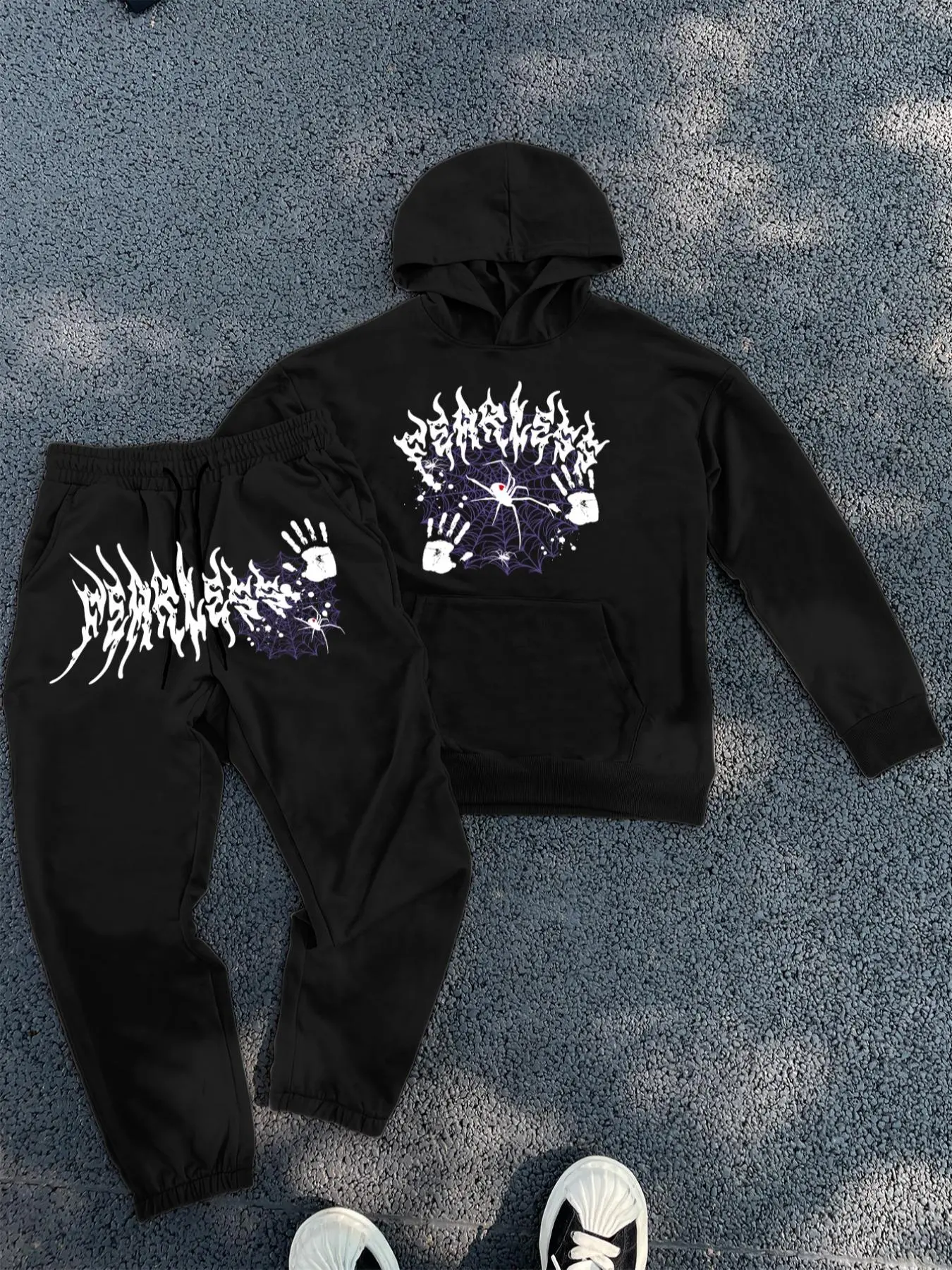 Men's Spider Web Print Hoodie & Drawstring Waist Sweatpants Two-piece Set, Casual Loose Long Sleeve Hooded Sweatshirt & Pocket Jogger Pants for Fall & Winter, Men's Two-piece Outfits for Daily Wear